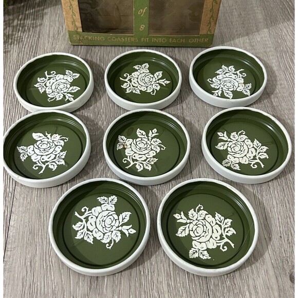 Vintage Metal Tole Ware Coasters In Original Box Green White Floral Set of 8 - Picture 9 of 13